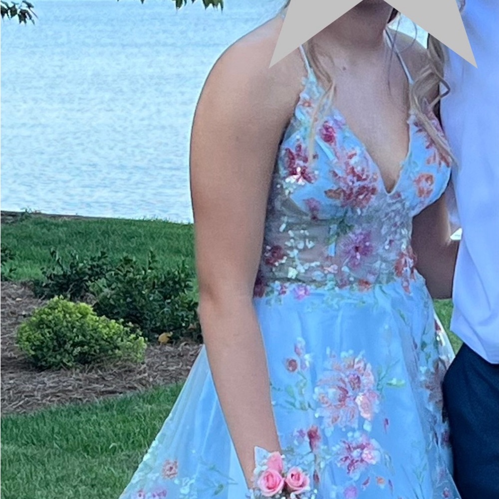 Elegant Floral Blue Prom Dress